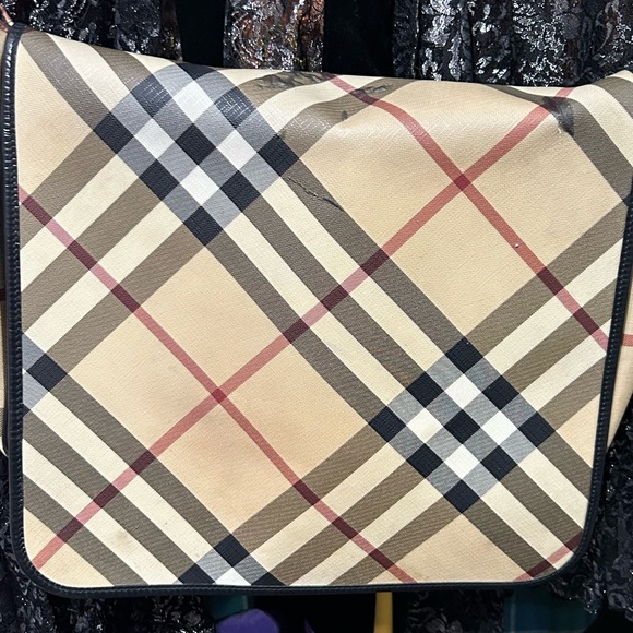 BURBERRY L Large Nova Check Plaid Black Patent Leather Messenger Laptop Bag - Picture 5 of 13